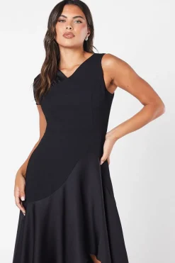 Ruched Shoulder Drape Skirt Crepe Midi Wedding Guest Dress