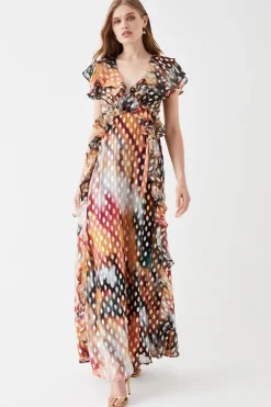 Ruffle Detail Metallic Maxi Dress