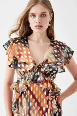 Ruffle Detail Metallic Maxi Dress