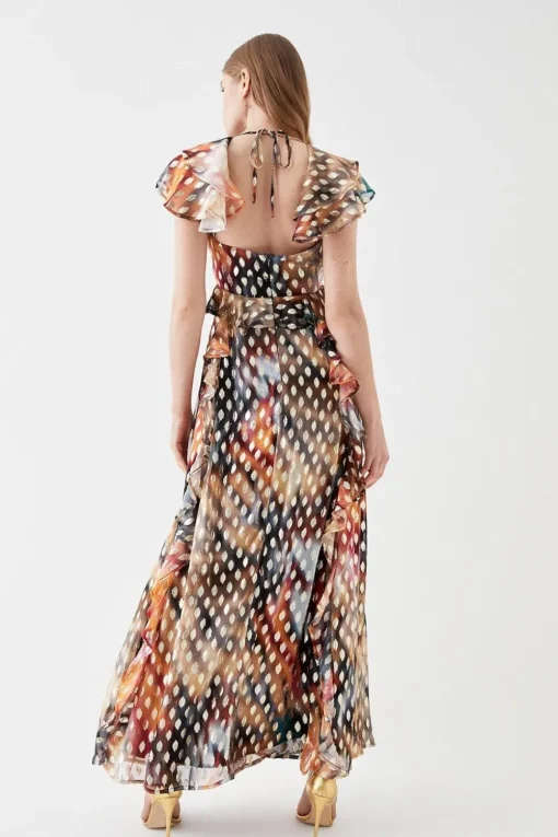 Ruffle Detail Metallic Maxi Dress