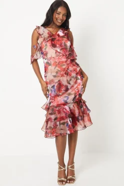 Ruffle Front Chiffon Midi Dress