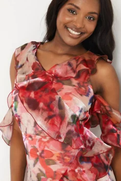 Ruffle Front Chiffon Midi Dress