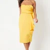 Ruffle Front Pleat Detail Bandeau Pencil Dress