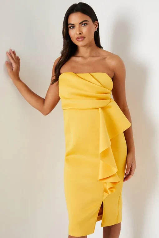 Ruffle Front Pleat Detail Bandeau Pencil Dress