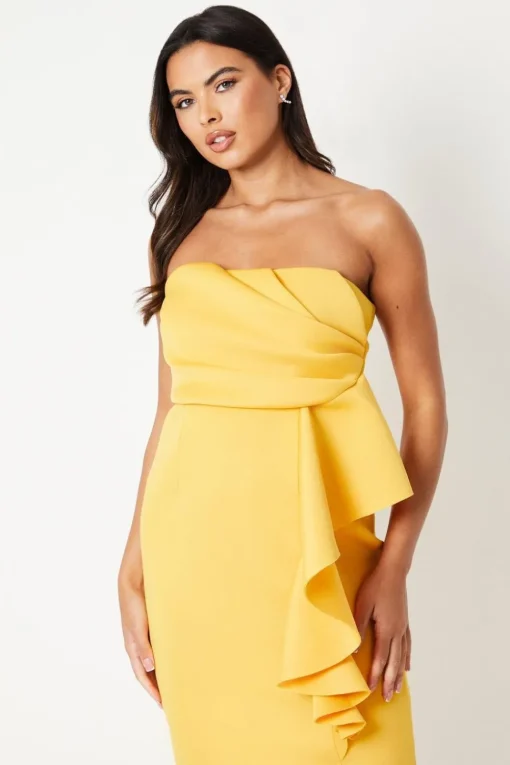 Ruffle Front Pleat Detail Bandeau Pencil Dress