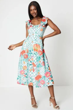 Ruffle Neck Placement Print Cotton Dress