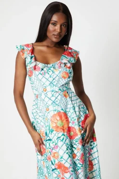 Ruffle Neck Placement Print Cotton Dress