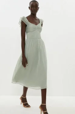 Ruffle Sleeve Crinkle Chiffon Midi Dress