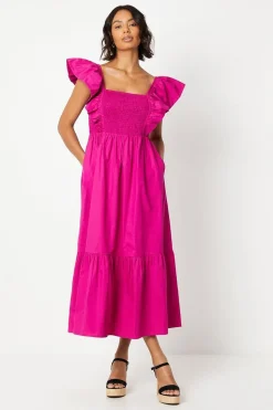 Ruffle Sleeve Shirred Bodice Midi Dress