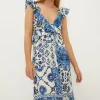 Ruffle Strap Tie Back Printed Broderie Dress