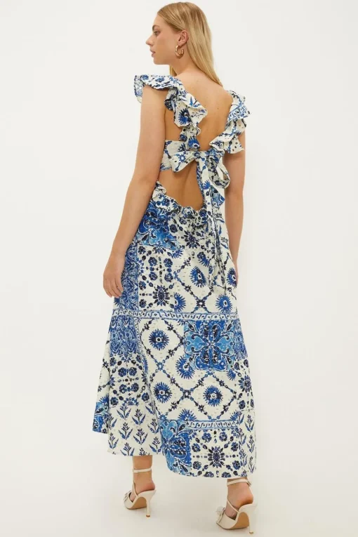 Ruffle Strap Tie Back Printed Broderie Dress