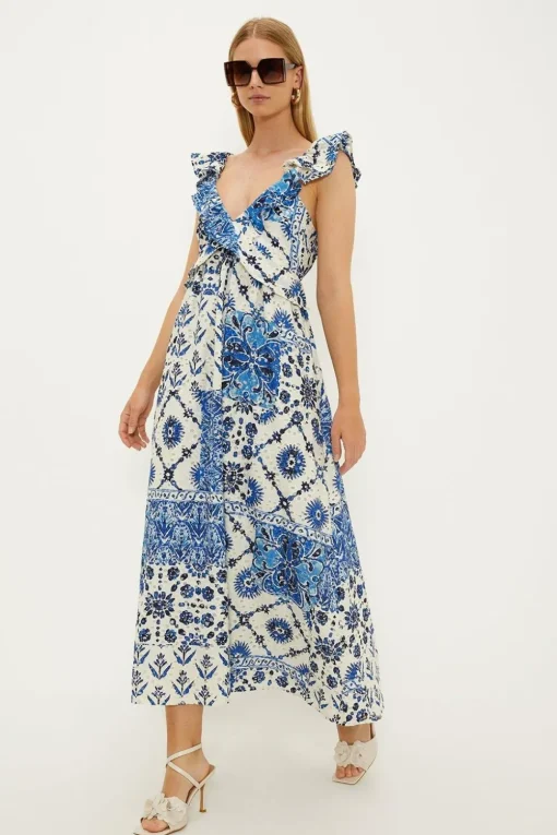 Ruffle Strap Tie Back Printed Broderie Dress
