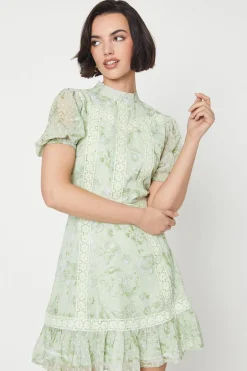 Sage Floral Dobby Chiffon Lace Trim Mini Dress