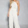 Satin Asymmetric Draped Neckline Wide Leg Jumpsuit