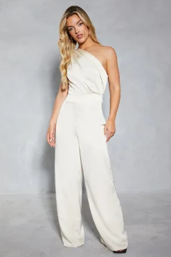 Satin Asymmetric Draped Neckline Wide Leg Jumpsuit