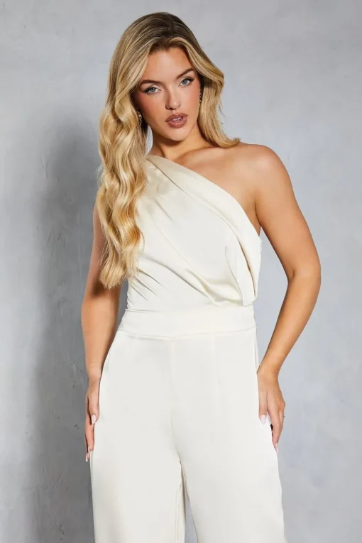 Satin Asymmetric Draped Neckline Wide Leg Jumpsuit