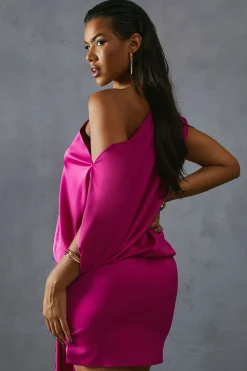 Satin Asymmetric Off Shoulder Tie Skirt Mini Dress