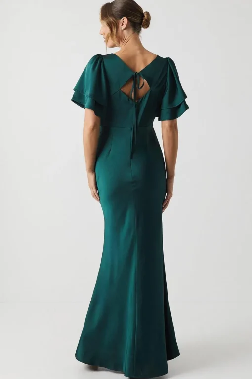 Satin Back Crepe Double Sleeve Bridesmaid Dress
