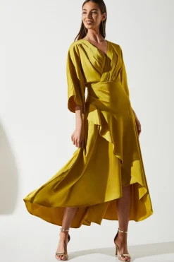 Satin Back Crepe Ruffle Wrap Midi Dress