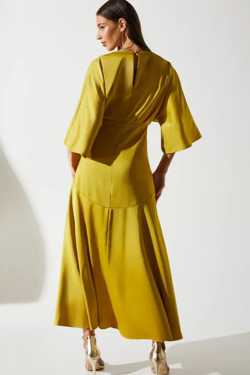 Satin Back Crepe Ruffle Wrap Midi Dress