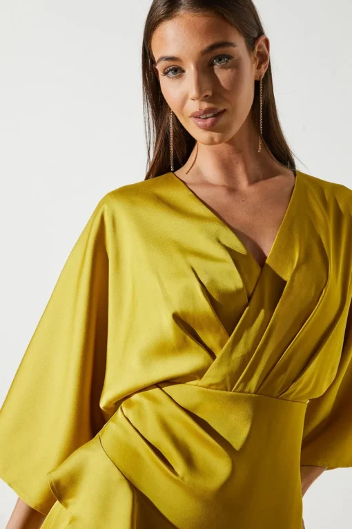 Satin Back Crepe Ruffle Wrap Midi Dress