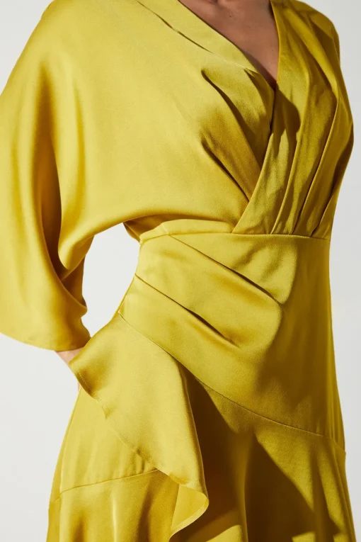 Satin Back Crepe Ruffle Wrap Midi Dress