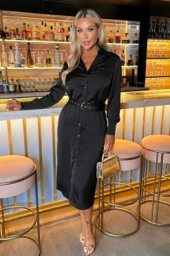 Satin Belted 3/4 Sleeve Gold Buttoned Midi Shirt Dress