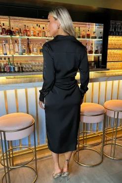 Satin Belted 3/4 Sleeve Gold Buttoned Midi Shirt Dress