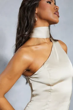 Satin Choker Scarf Asymmetric Split Leg Midi Dress