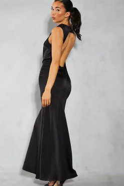 Satin Grown Neck Cut Out Back Fishtail Maxi Dress