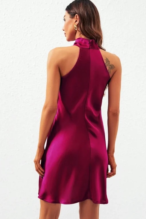 Satin Halter Neck Mini Dress In Fuchsia