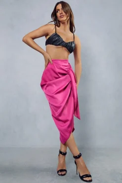 Satin High Waisted Wrap Midi Skirt