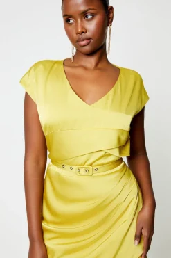 Satin Pencil Dress With Pleat Side