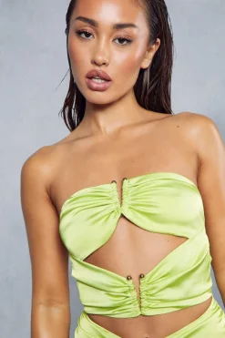 Satin Ruched V Bar Detail Cut Out Midi Dress