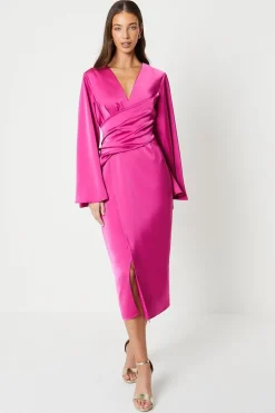 Satin Wrap Dress With Flare Sleeve