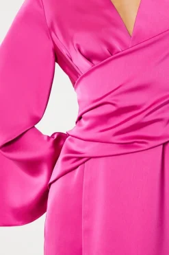 Satin Wrap Dress With Flare Sleeve