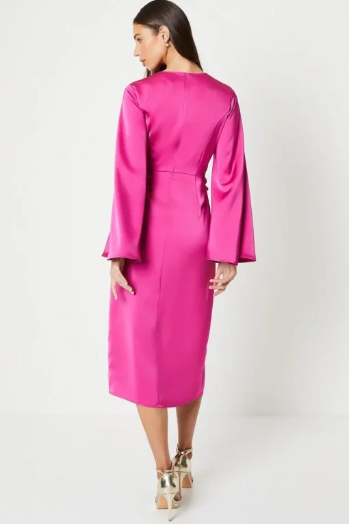 Satin Wrap Dress With Flare Sleeve