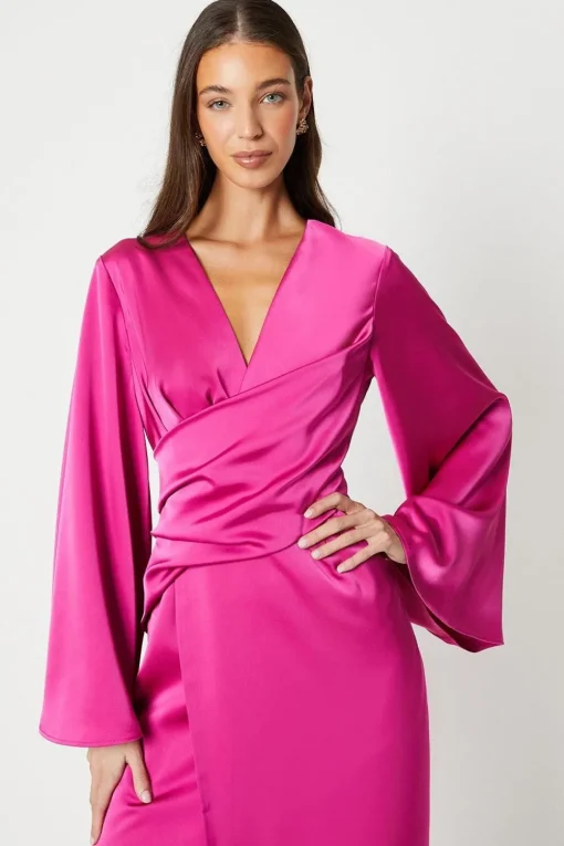 Satin Wrap Dress With Flare Sleeve