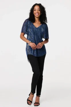 Semi Sheer Glittery Short Sleeve Top