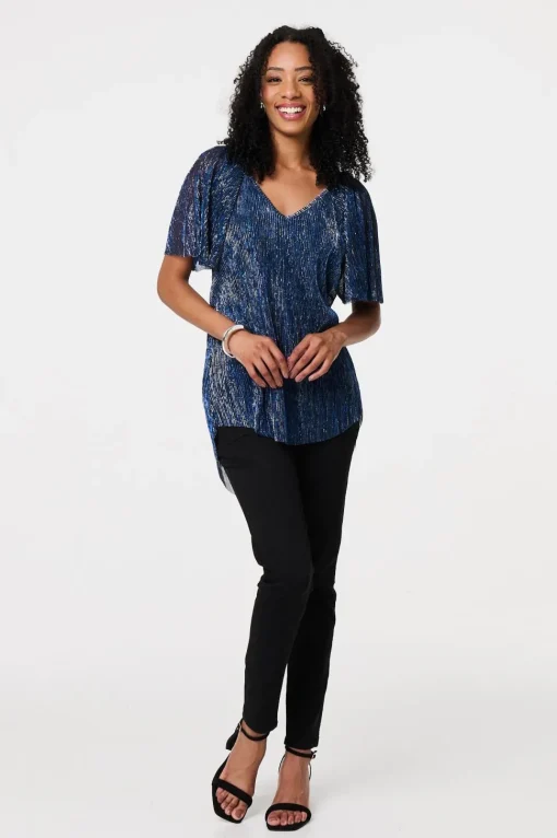 Semi Sheer Glittery Short Sleeve Top