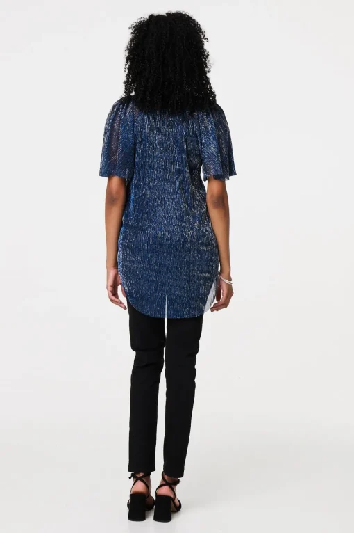 Semi Sheer Glittery Short Sleeve Top