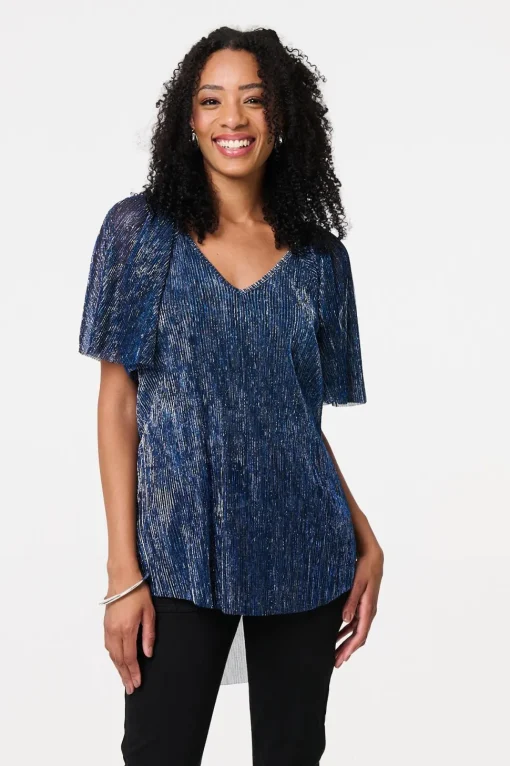 Semi Sheer Glittery Short Sleeve Top