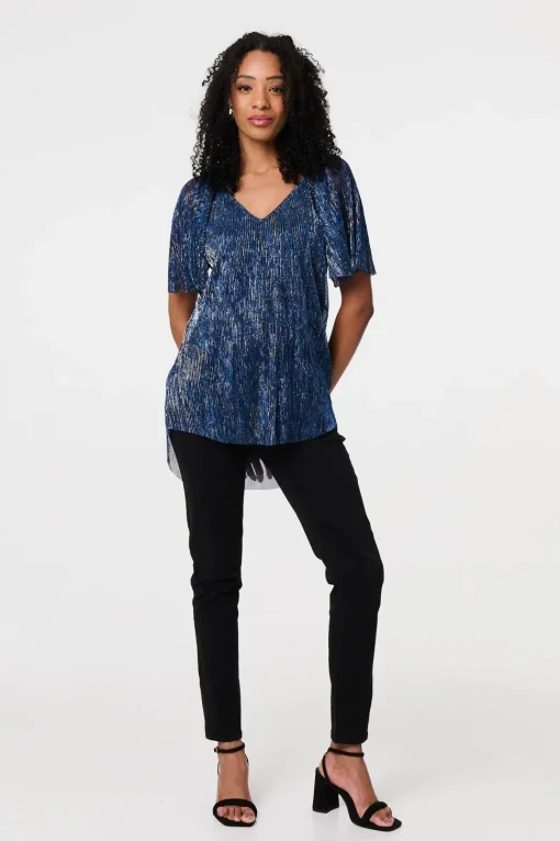 Semi Sheer Glittery Short Sleeve Top