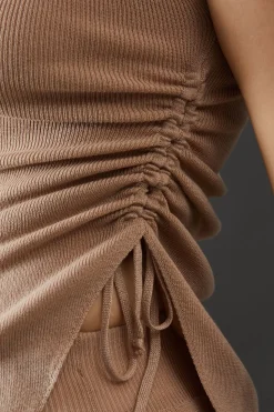 Semi Sheer Ruched Side Button Back Detail Knitted Top