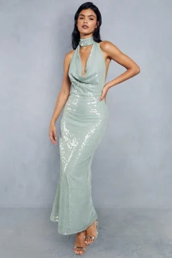 Sequin Choker Neck Halterneck Backless Maxi Dress