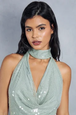 Sequin Choker Neck Halterneck Backless Maxi Dress