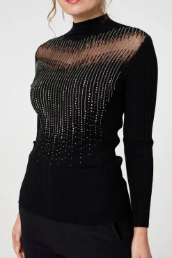 Sequin Embellished High Neck Knit Top