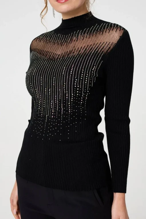 Sequin Embellished High Neck Knit Top