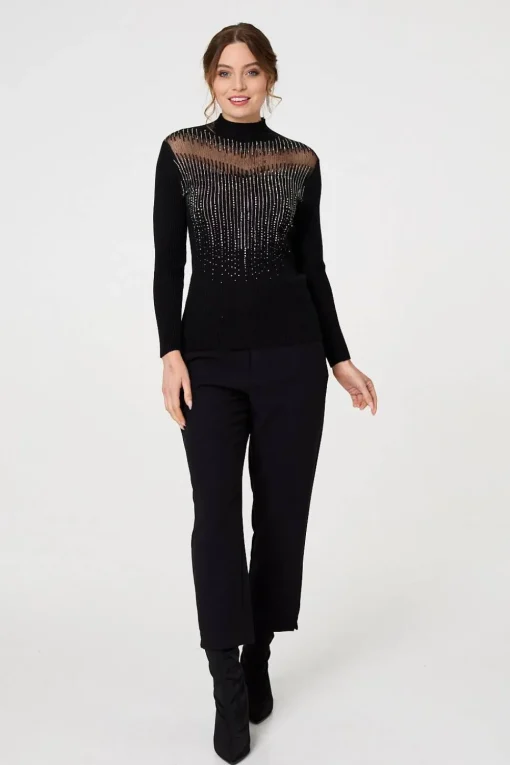 Sequin Embellished High Neck Knit Top