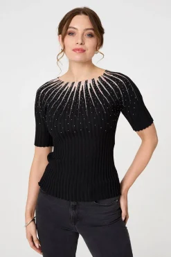Sequin Embellished Short Sleeve Knit Top